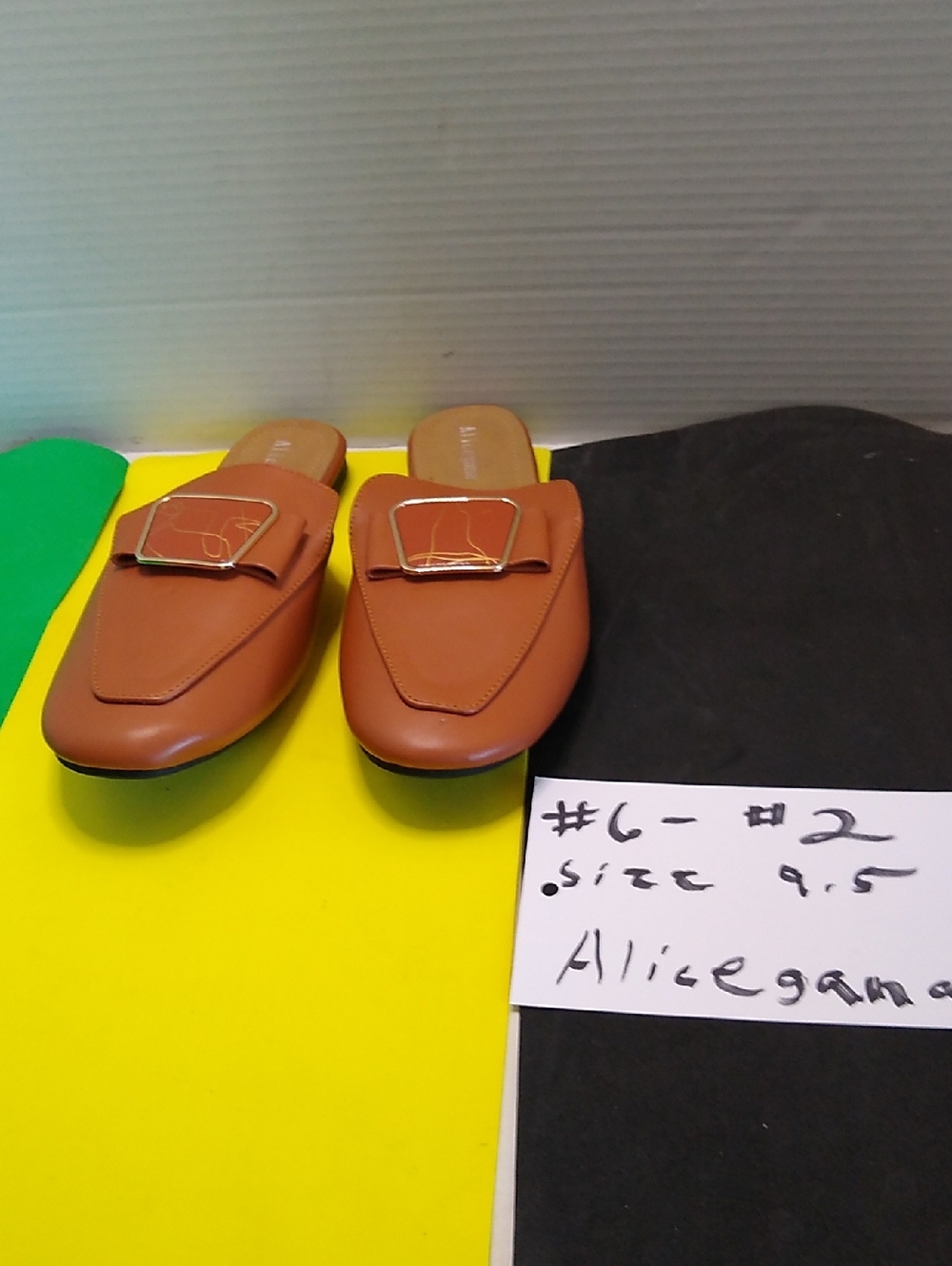 Tan Slip-On Mule Loafers with Gold Buckle Accent
